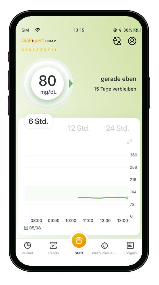 DiaExpert CGM 2 App gr&uuml;n: im eingestellten Zielbereich