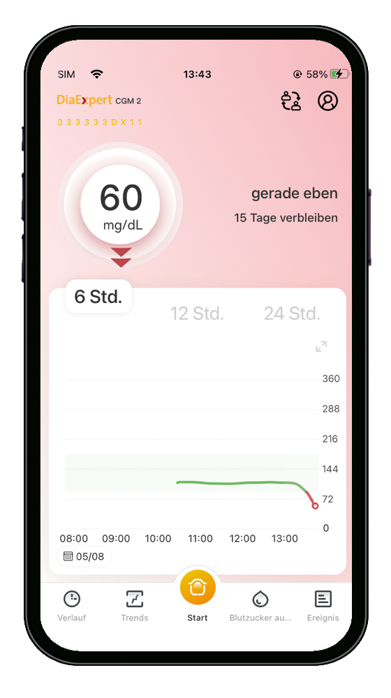 DiaExpert CGM 2 App rot: unter dem eingestellten Zielbereich