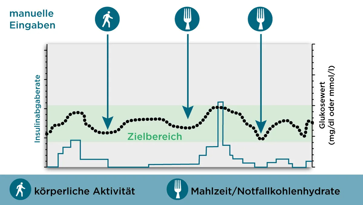 Glukosewerte im Verlauf und den Eingaben Der Algorithmus versucht den Glukoseverlauf im Zielbereich zu halten